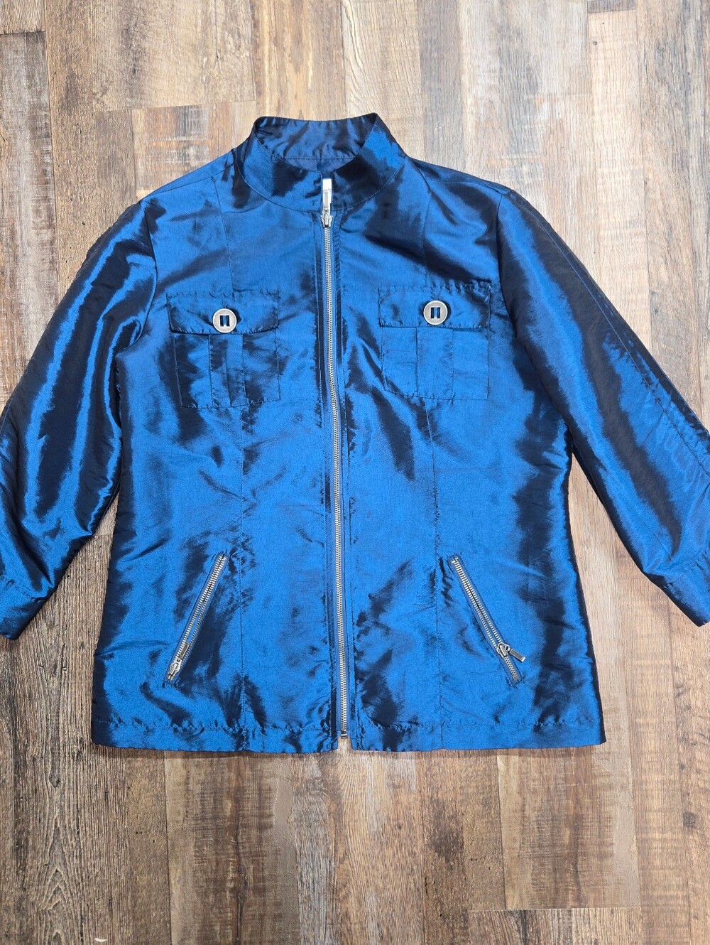 Chico's Shiny Sapphire Blue Zip-Front Shirt Jacket
